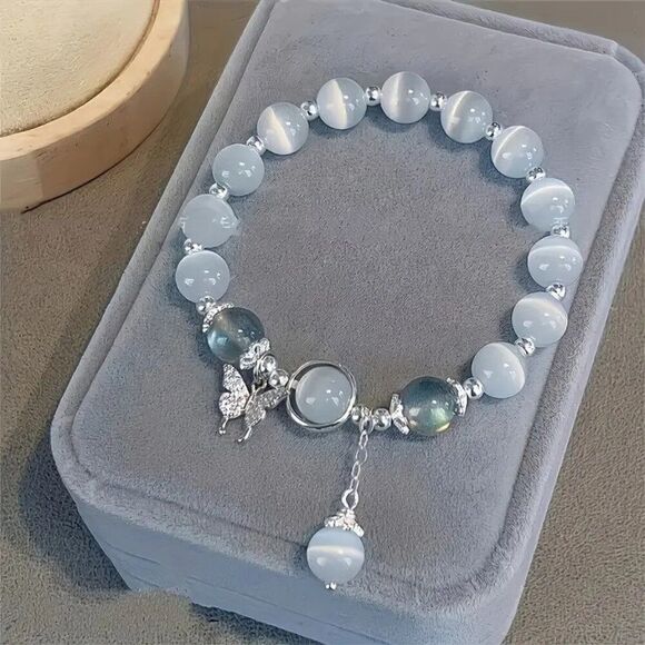 Elegant Women's Luxurious Cat's Eye Stone And Blue Moonstone Charm Bracelet - Picture 1 of 3